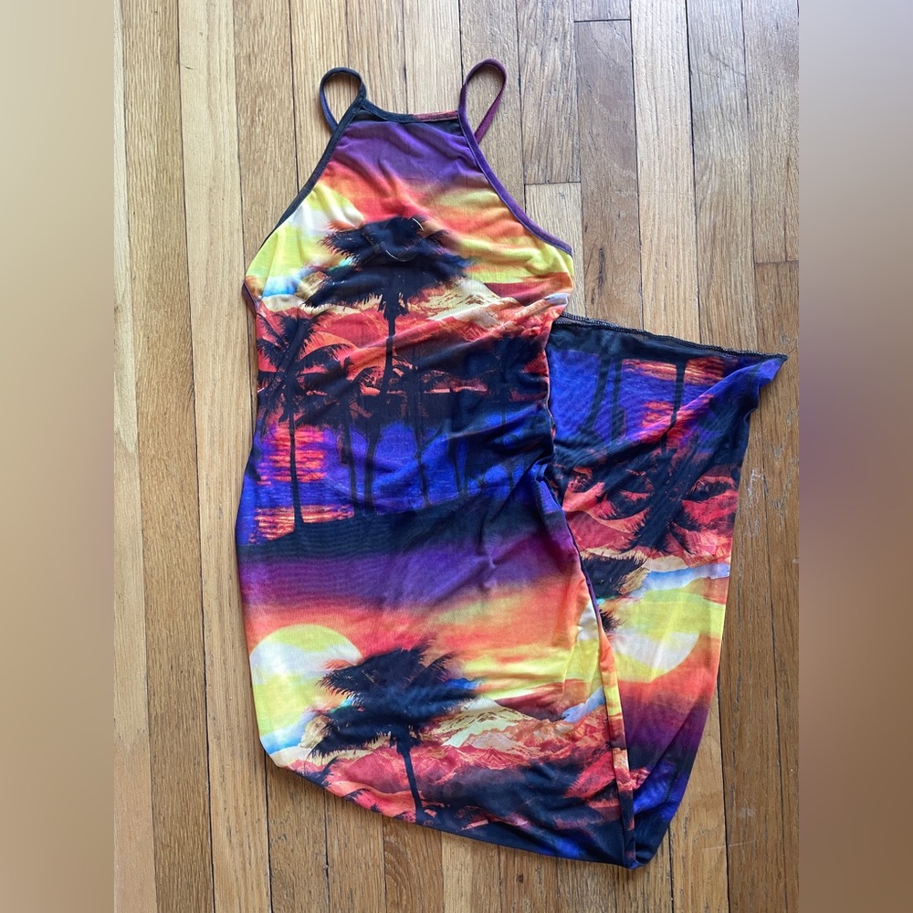 🔥PRETTY LITTLE THING Sheer Tropical Sunset Palm Tree Beach/Swim Cover-Up Dress